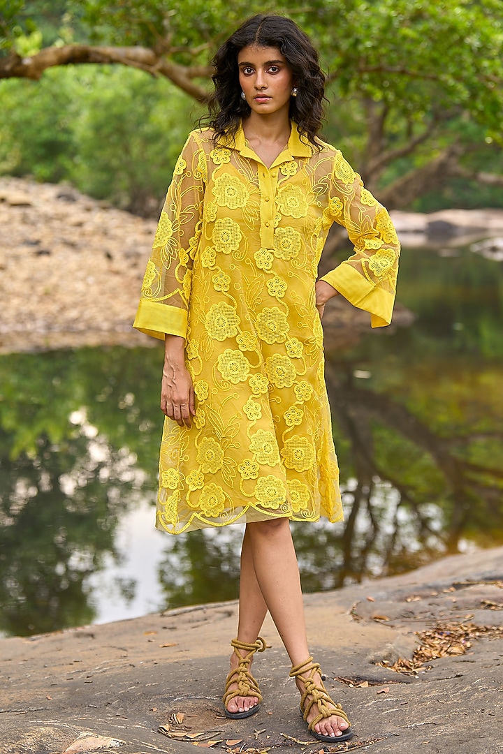 Pernia's Pop Up Shop - Dash And Dot Women Lemon Yellow Recycled Polyester Embroidered Lace Dress