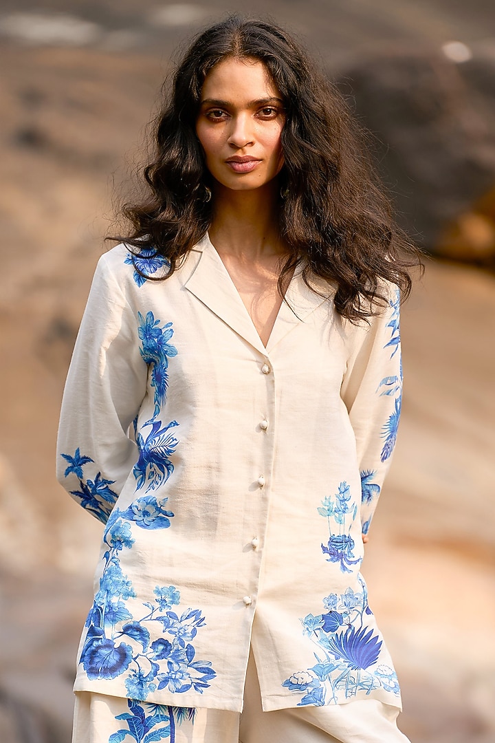 White Viscose & Linen Printed Boxy Shirt by Dash and Dot at Pernia's Pop Up Shop