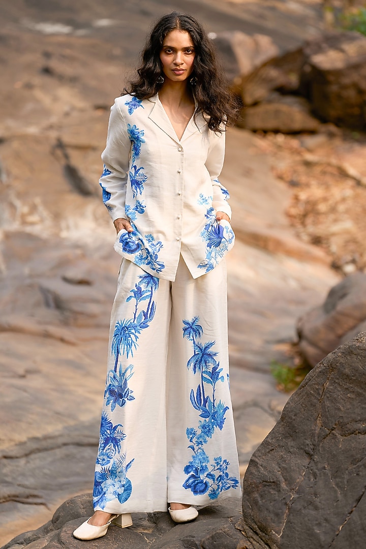 White Viscose & Linen Printed Boxy Shirt by Dash and Dot at Pernia's Pop Up Shop