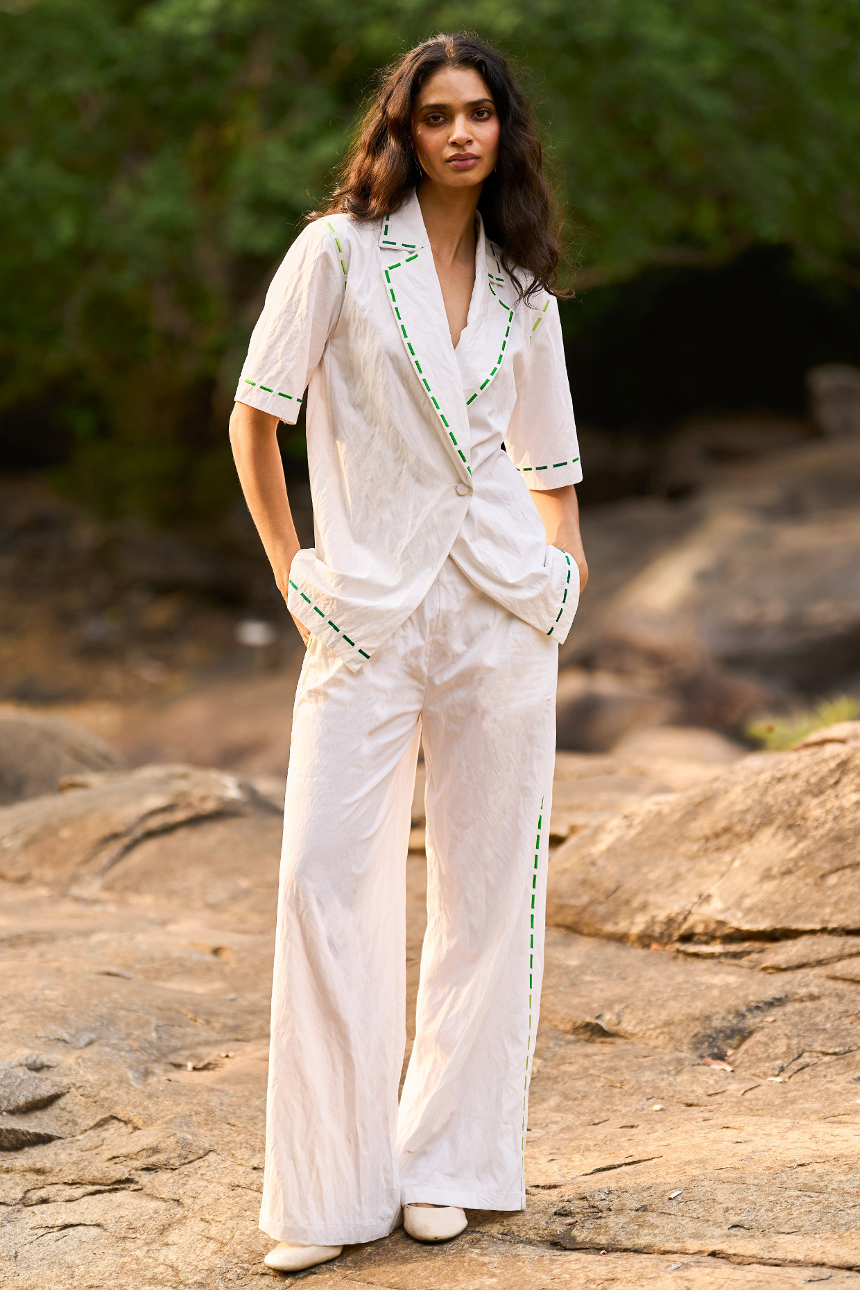 White Viscose & Nylon Embroidered Straight-Fit Pant by Dash and Dot at Pernia's Pop Up Shop