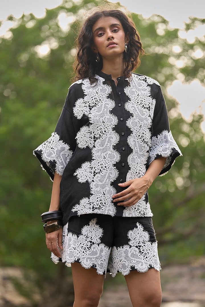 Black Linen & Silk Lace Applique Work Shirt by Dash and Dot at Pernia's Pop Up Shop