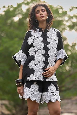 Black Linen & Silk Lace Applique Work Shirt by Dash and Dot