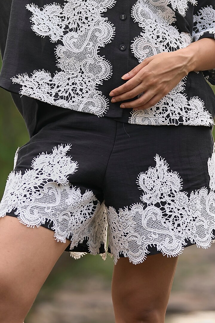 Black Linen & Silk Lace Applique Work Shorts by Dash and Dot at Pernia's Pop Up Shop