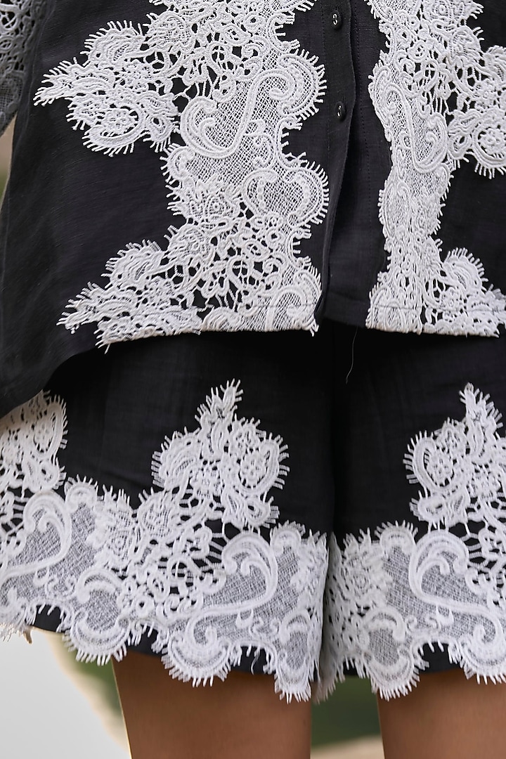 Black Linen & Silk Lace Applique Work Shorts by Dash and Dot at Pernia's Pop Up Shop