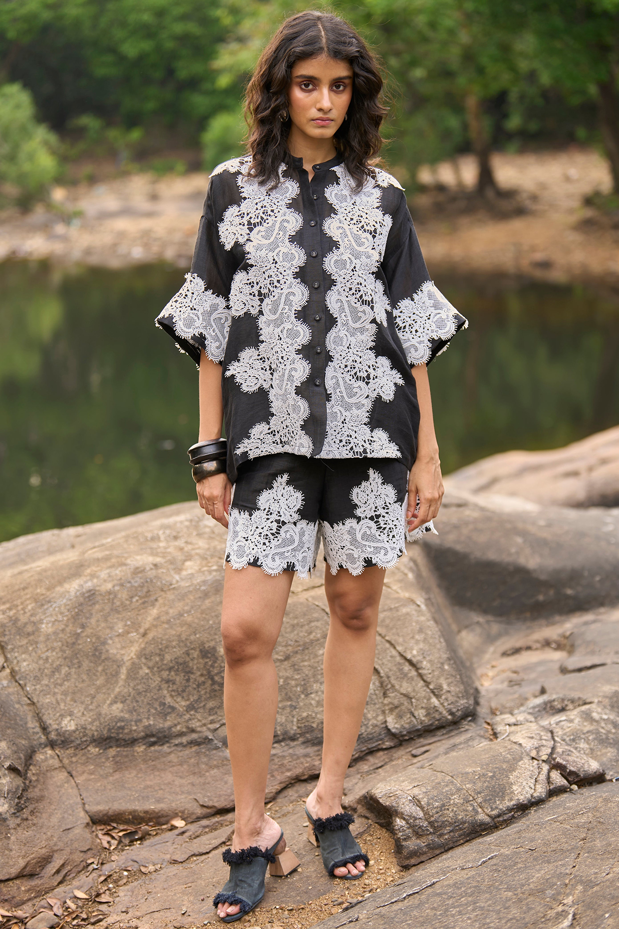 Black Linen & Silk Lace Applique Work Co-Ord Set by Dash and Dot at Pernia's Pop Up Shop