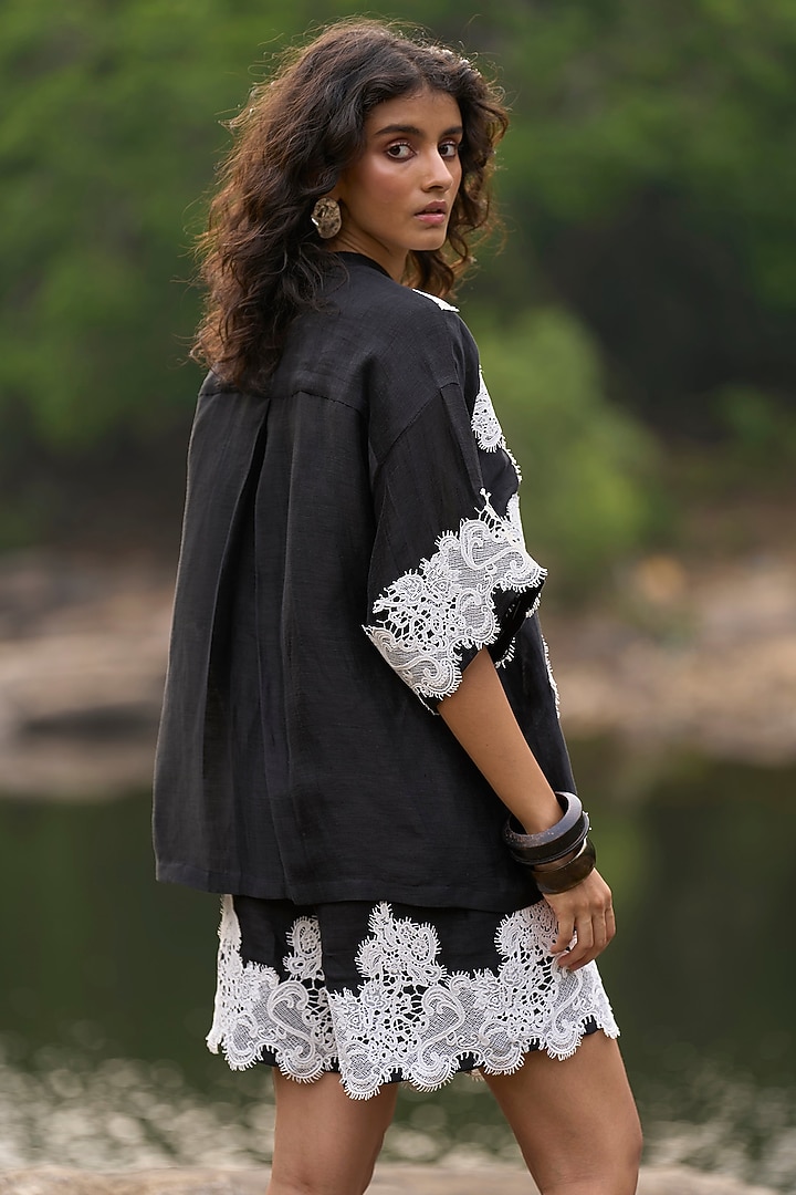 Black Linen & Silk Lace Applique Work Co-Ord Set by Dash and Dot at Pernia's Pop Up Shop