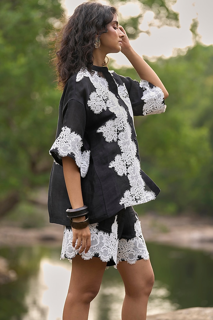 Black Linen & Silk Lace Applique Work Co-Ord Set by Dash and Dot at Pernia's Pop Up Shop