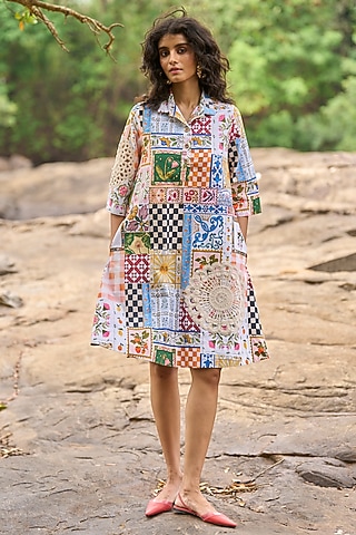 Multi-Colored Organic Cotton Patchwork & Printed A-Line Shirt Dress by Dash and Dot