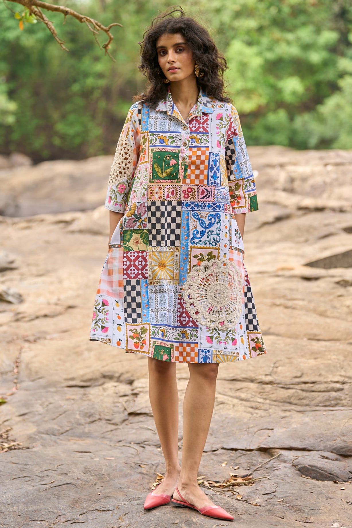 Multi-Colored Organic Cotton Patchwork & Printed A-Line Summer Shirt Dress  by Dash and Dot at Pernia's Pop Up Shop 2026