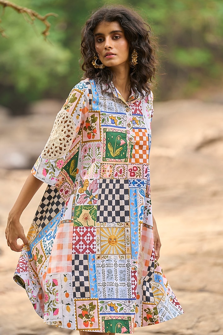 Multi-Colored Organic Cotton Patchwork & Printed A-Line Summer Shirt Dress by Dash and Dot at Pernia's Pop Up Shop
