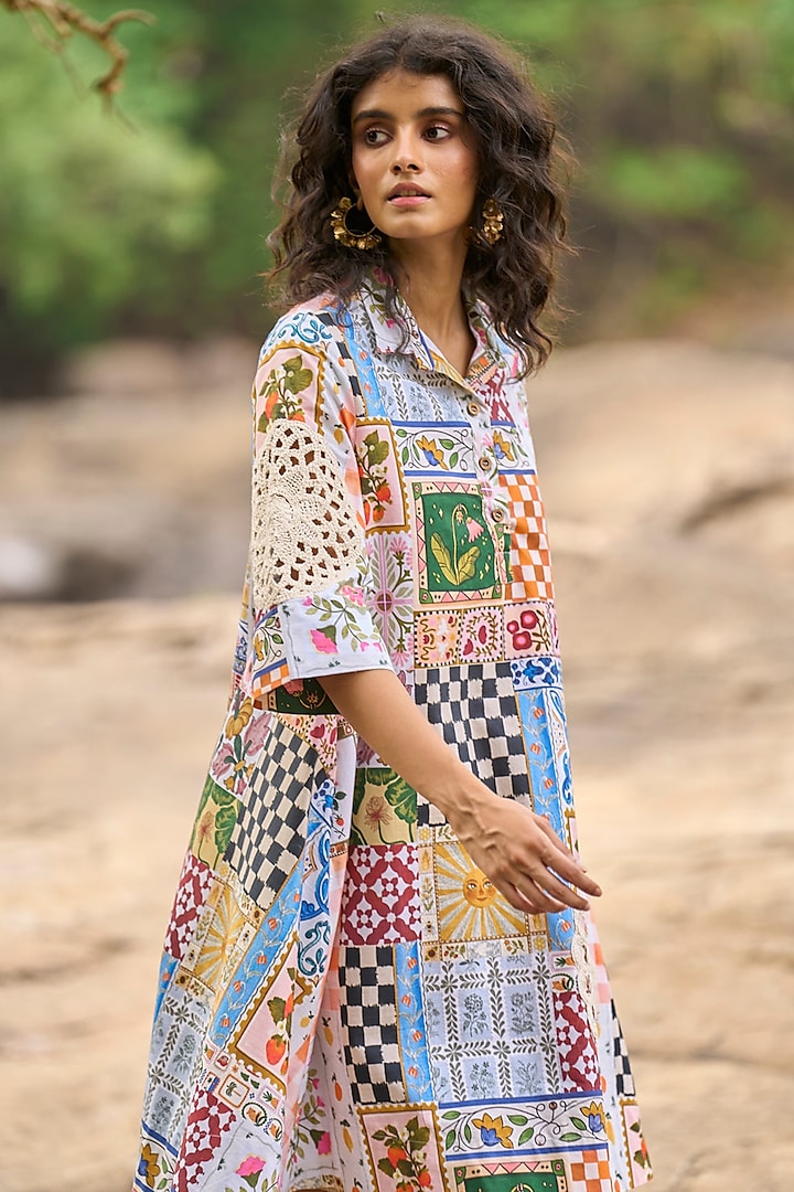Multi-Colored Organic Cotton Patchwork & Printed A-Line Summer Shirt Dress by Dash and Dot at Pernia's Pop Up Shop