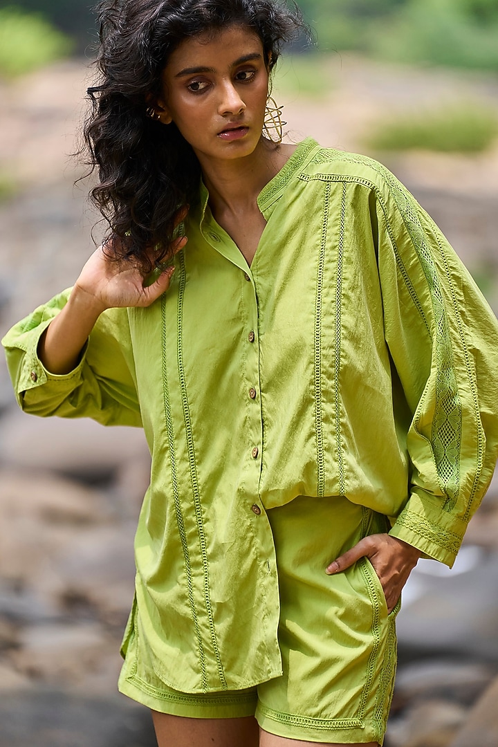 Green Tencel & Nylon Patchwork Shirt by Dash and Dot at Pernia's Pop Up Shop