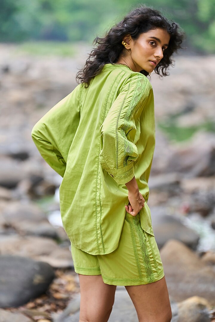Green Tencel & Nylon Lace Patchwork Shorts by Dash and Dot at Pernia's Pop Up Shop