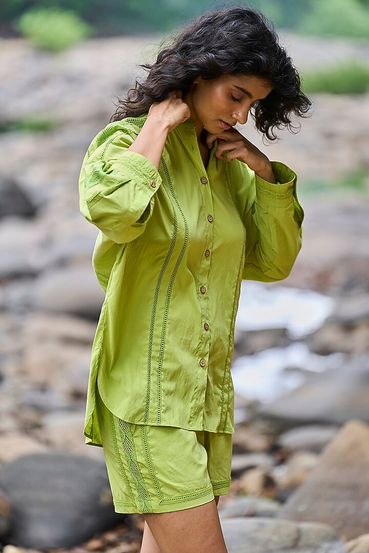 Green Tencel & Nylon Lace Patchwork Shorts by Dash and Dot at Pernia's Pop Up Shop