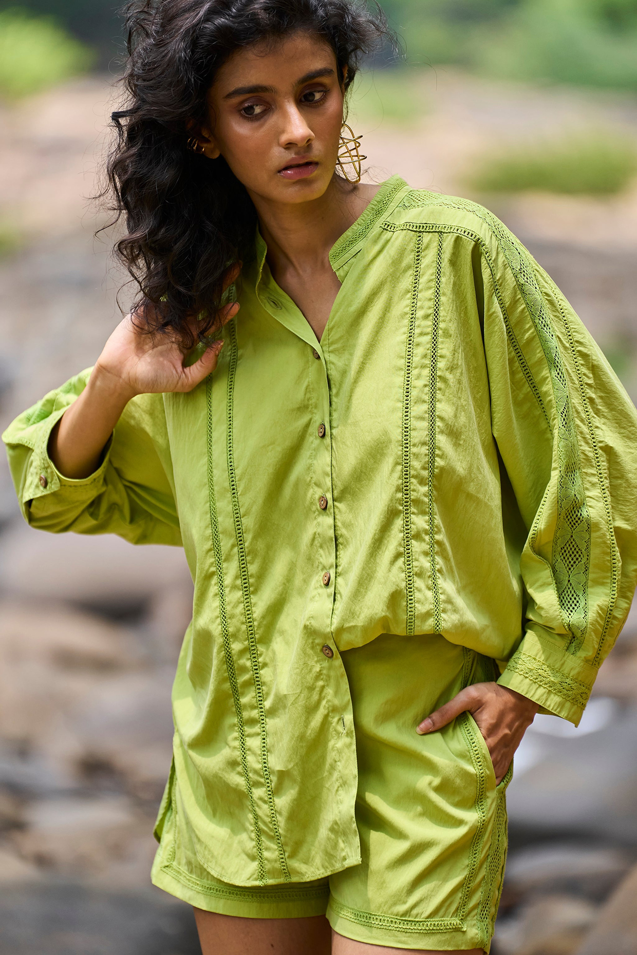 Green Tencel & Nylon Lace Patchwork Co-Ord Set by Dash and Dot at Pernia's Pop Up Shop