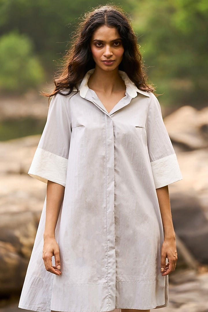 Grey & White Cotton Color-Blocked Printed Summer Shirt Dress by Dash and Dot at Pernia's Pop Up Shop