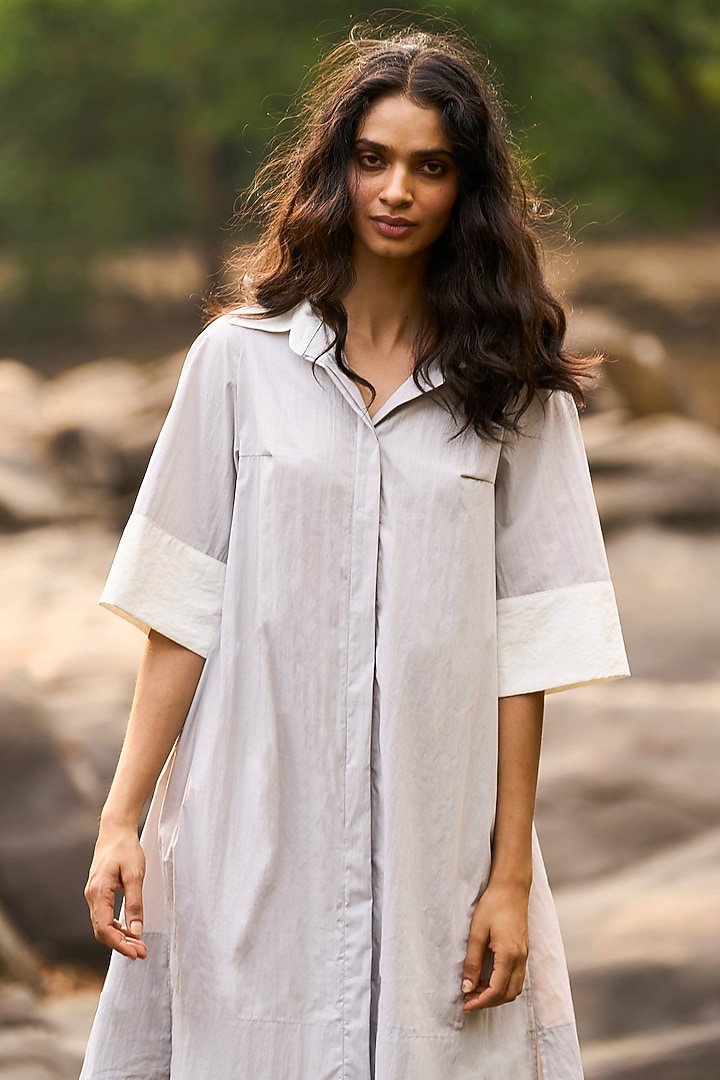 Grey & White Cotton Color-Blocked Printed Summer Shirt Dress by Dash and Dot at Pernia's Pop Up Shop