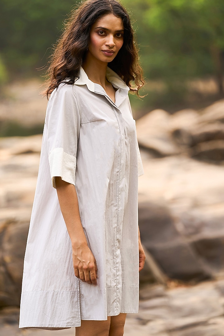 Grey & White Cotton Color-Blocked Printed Summer Shirt Dress by Dash and Dot at Pernia's Pop Up Shop