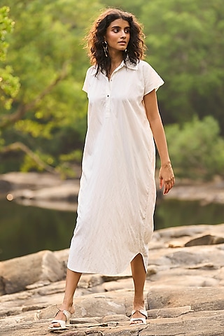 White Recycled Polyester Midi Shirt Dress by Dash and Dot