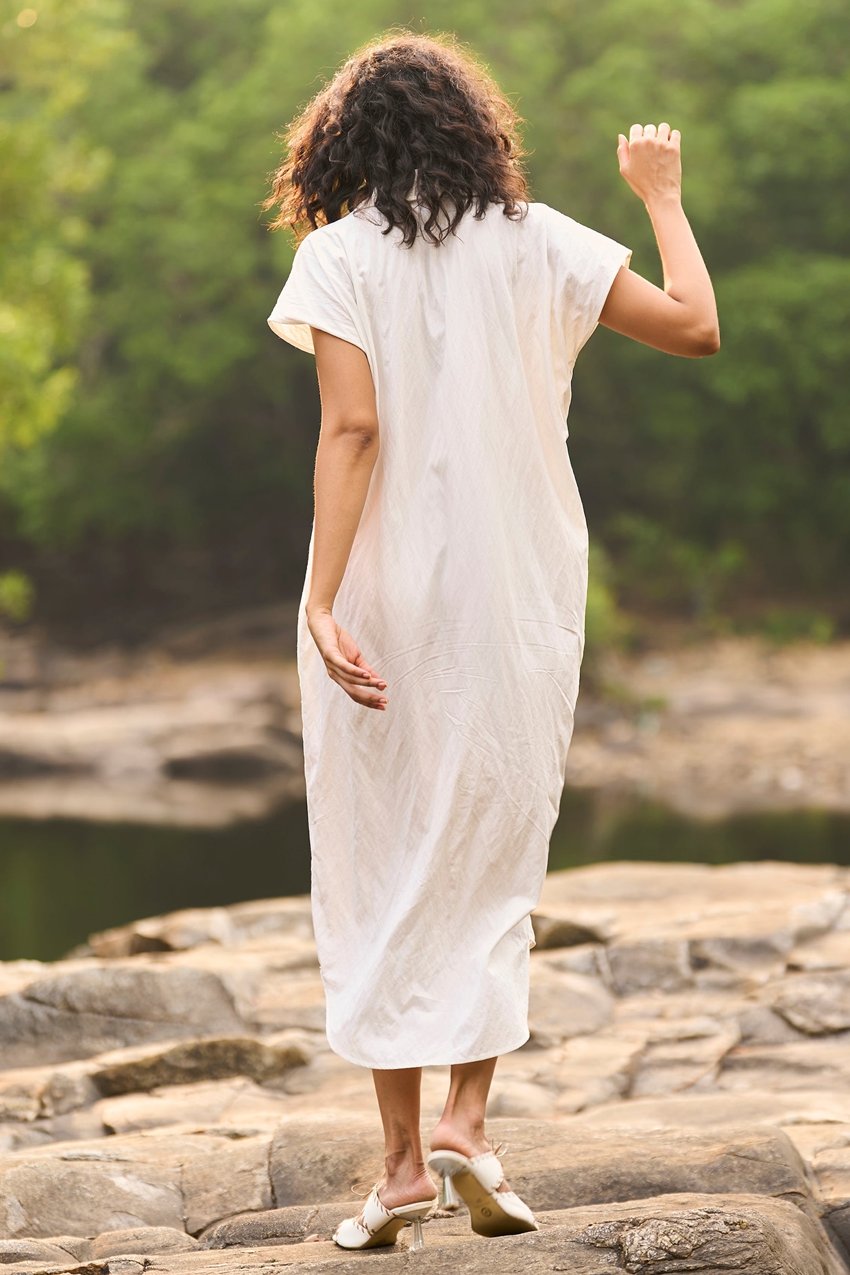 White Recycled Polyester Midi Summer Shirt Dress by Dash and Dot