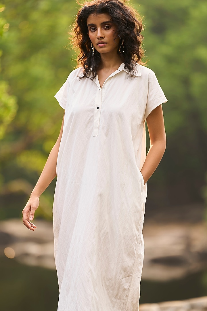 White Recycled Polyester Midi Summer Shirt Dress by Dash and Dot at Pernia's Pop Up Shop