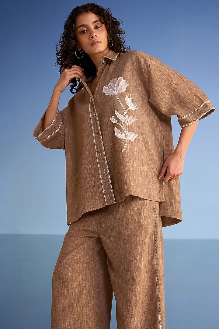 Coffee-Colored Organic Cotton & Recycled Polyester Hand Embroidered Shirt by Dash and Dot at Pernia's Pop Up Shop