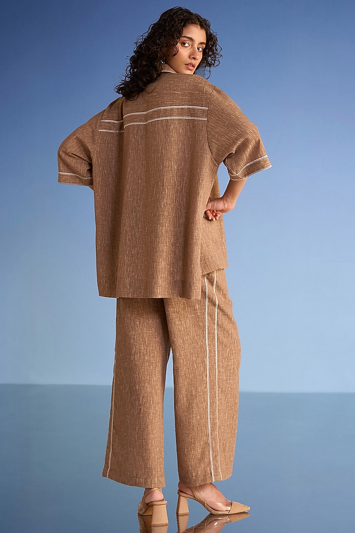 Coffee-Colored Organic Cotton & Recycled Polyester Hand Embroidered Shirt by Dash and Dot at Pernia's Pop Up Shop