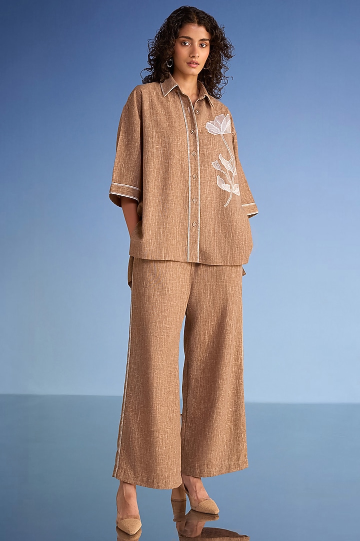 Coffee-Colored Organic Cotton & Recycled Polyester Hand Embroidered Shirt by Dash and Dot at Pernia's Pop Up Shop