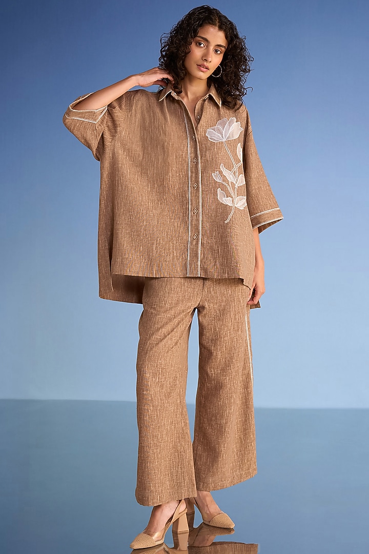 Coffee-Colored Organic Cotton & Recycled Polyester Hand Embroidered Shirt by Dash and Dot at Pernia's Pop Up Shop