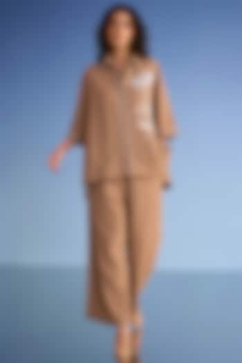 Coffee-Colored Organic Cotton & Recycled Polyester Embroidered Wide-Legged Pants by Dash and Dot at Pernia's Pop Up Shop