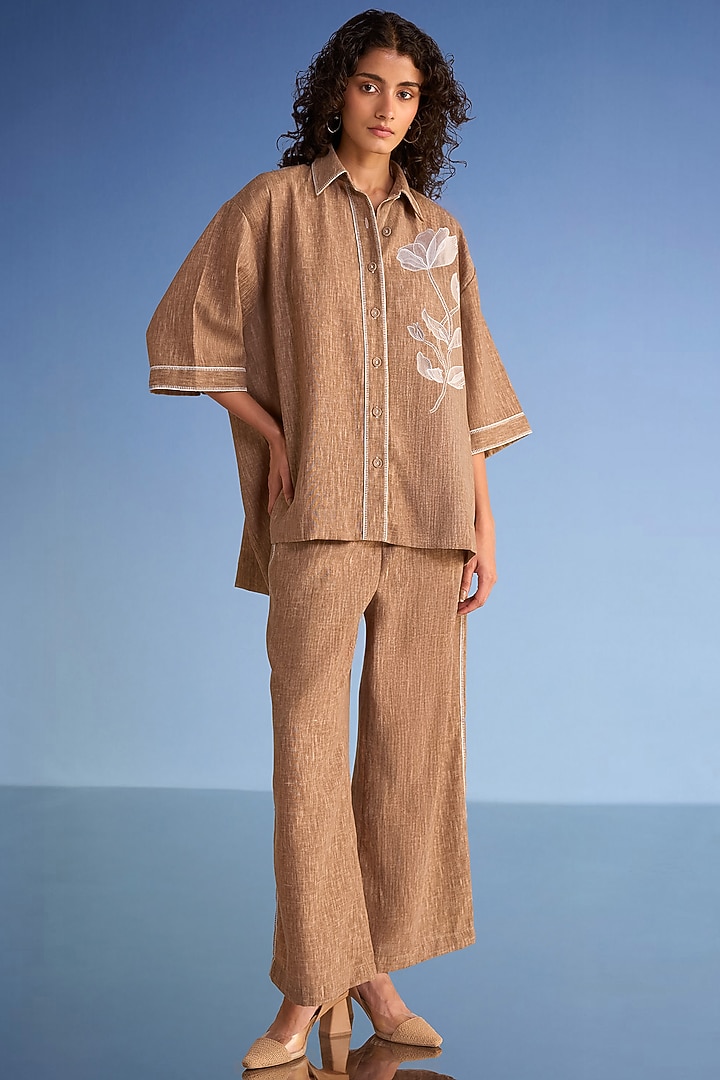 Coffee-Colored Organic Cotton & Recycled Polyester Embroidered Wide-Legged Pants by Dash and Dot at Pernia's Pop Up Shop