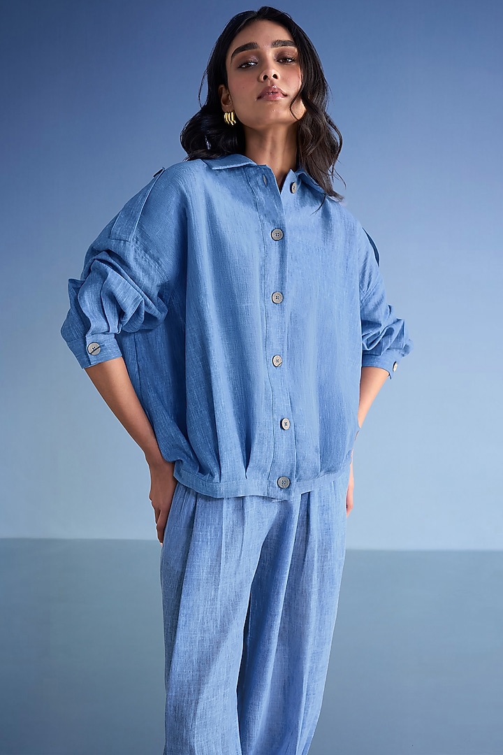 Dusty Blue Organic Cotton & Recycled Polyester Shirt by Dash and Dot at Pernia's Pop Up Shop
