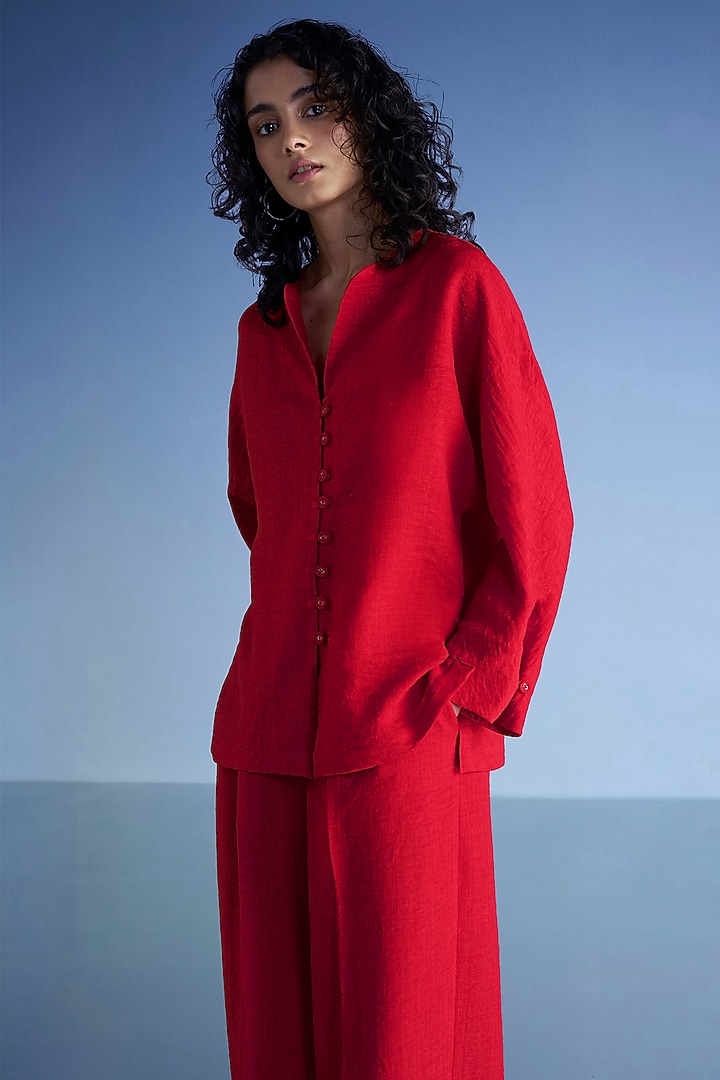 Red Organic Cotton & Recycled Polyester Shirt by Dash and Dot at Pernia's Pop Up Shop