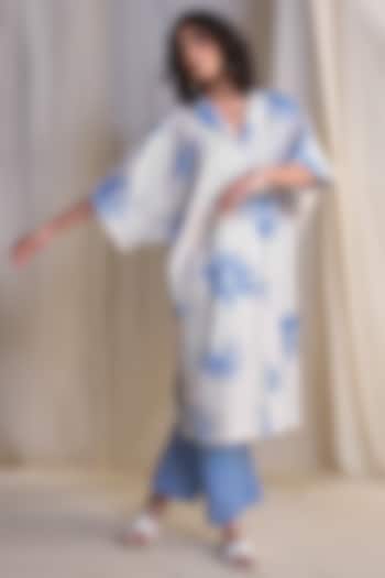 Blue & White Organic Cotton & Linen Printed Shirt Tunic by Dash and Dot at Pernia's Pop Up Shop
