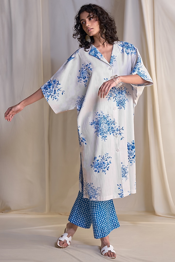 Blue & White Organic Cotton & Linen Printed Shirt Tunic by Dash and Dot at Pernia's Pop Up Shop