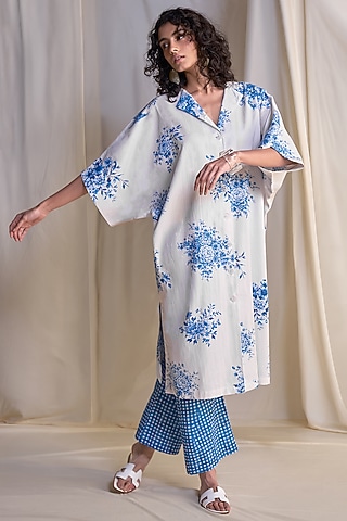 Blue & White Organic Cotton & Linen Printed Shirt Tunic by Dash and Dot