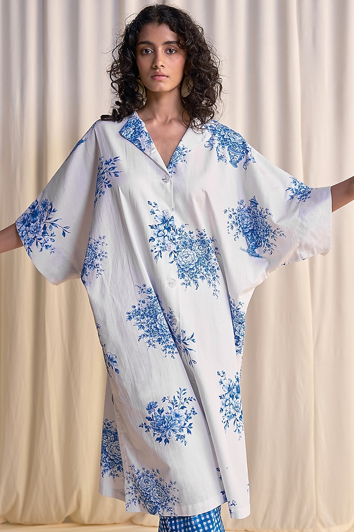 Blue & White Organic Cotton & Linen Printed Shirt Tunic by Dash and Dot at Pernia's Pop Up Shop