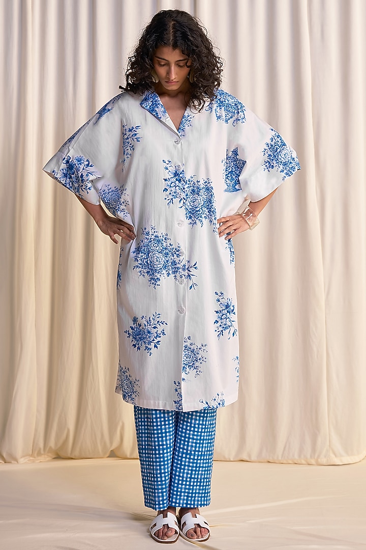 Blue Organic Cotton & Linen Printed Pants by Dash and Dot at Pernia's Pop Up Shop