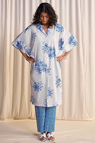 Blue Organic Cotton & Linen Printed Pants by Dash and Dot