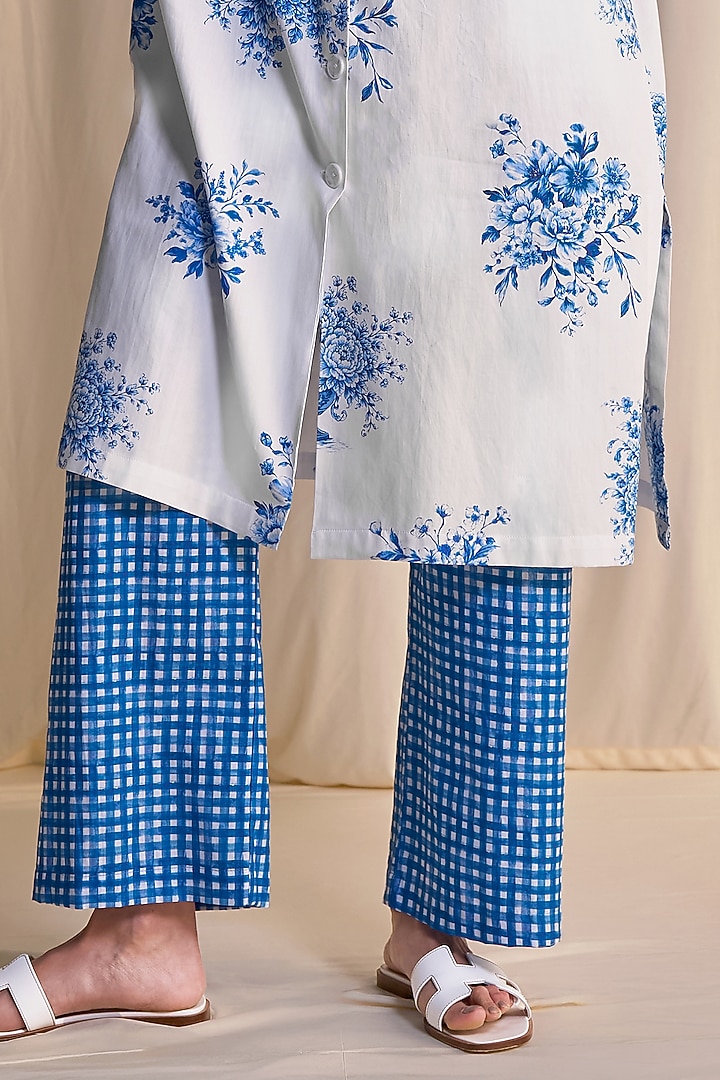 Blue Organic Cotton & Linen Printed Pants by Dash and Dot at Pernia's Pop Up Shop