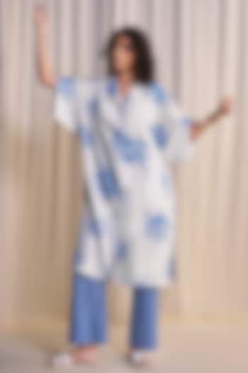 Blue & White Organic Cotton & Linen Printed Shirt Tunic Set by Dash and Dot at Pernia's Pop Up Shop