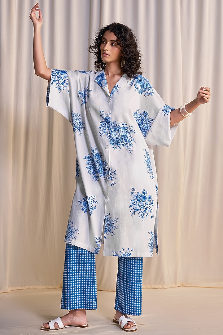 Blue & White Organic Cotton & Linen Printed Shirt Tunic Set by Dash and Dot at Pernia's Pop Up Shop