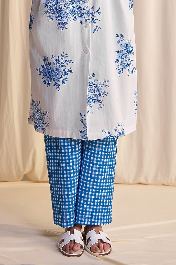 Blue & White Organic Cotton & Linen Printed Shirt Tunic Set by Dash and Dot at Pernia's Pop Up Shop