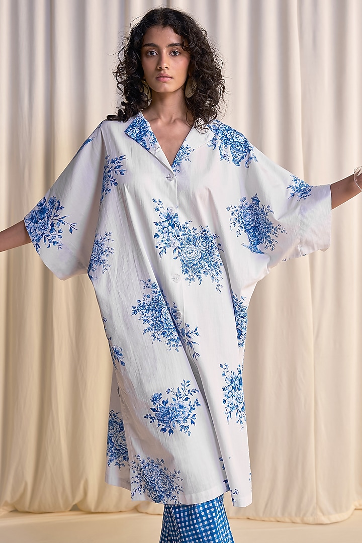 Blue & White Organic Cotton & Linen Printed Shirt Tunic Set by Dash and Dot at Pernia's Pop Up Shop