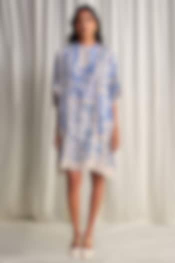 Blue & White Viscose Silk Linen Printed Mini Summer Dress by Dash and Dot at Pernia's Pop Up Shop