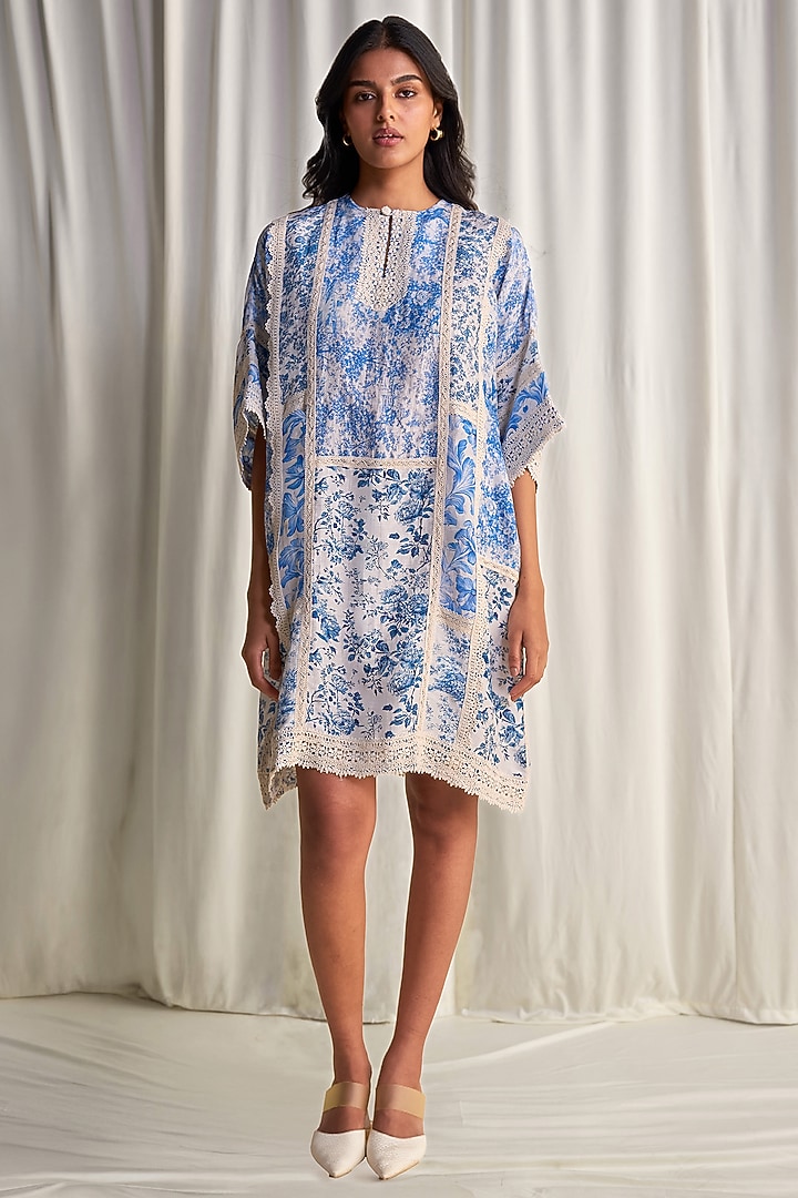 Blue & White Viscose Silk Linen Printed Mini Summer Dress by Dash and Dot at Pernia's Pop Up Shop