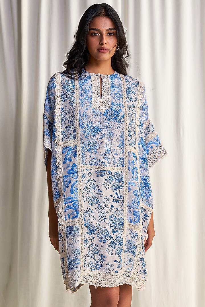 Blue & White Viscose Silk Linen Printed Mini Summer Dress by Dash and Dot at Pernia's Pop Up Shop