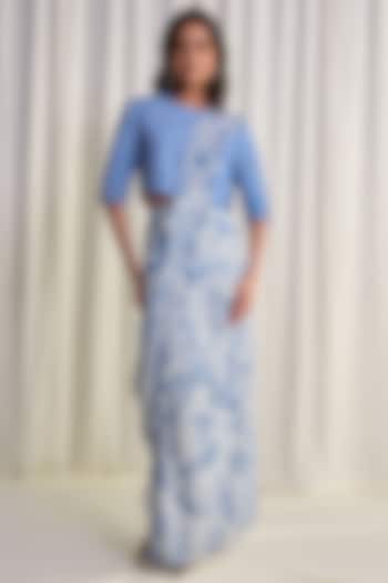 Blue & White Organic Cotton Brushstroke Printed Cropped Shirt by Dash and Dot at Pernia's Pop Up Shop