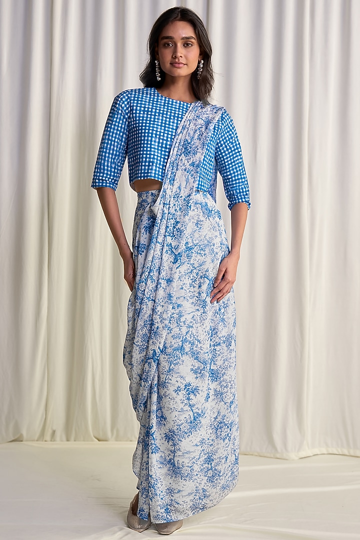 Blue & White Organic Cotton Brushstroke Printed Cropped Shirt by Dash and Dot at Pernia's Pop Up Shop