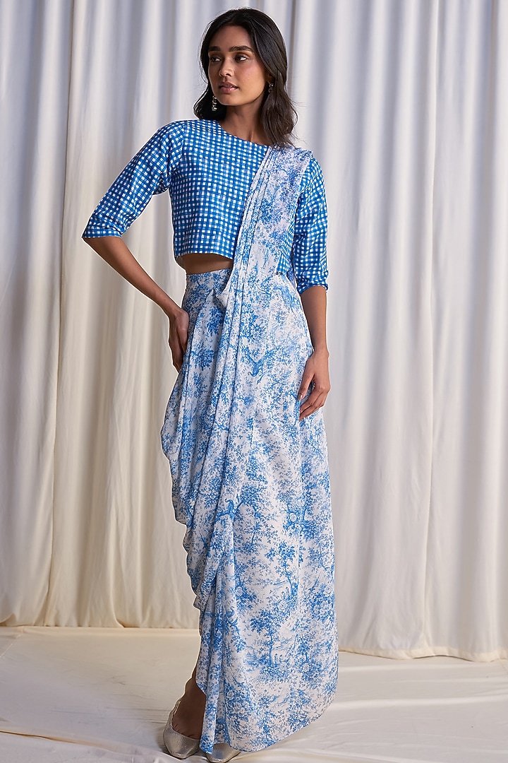 Blue & White Organic Cotton Brushstroke Printed Cropped Shirt by Dash and Dot at Pernia's Pop Up Shop